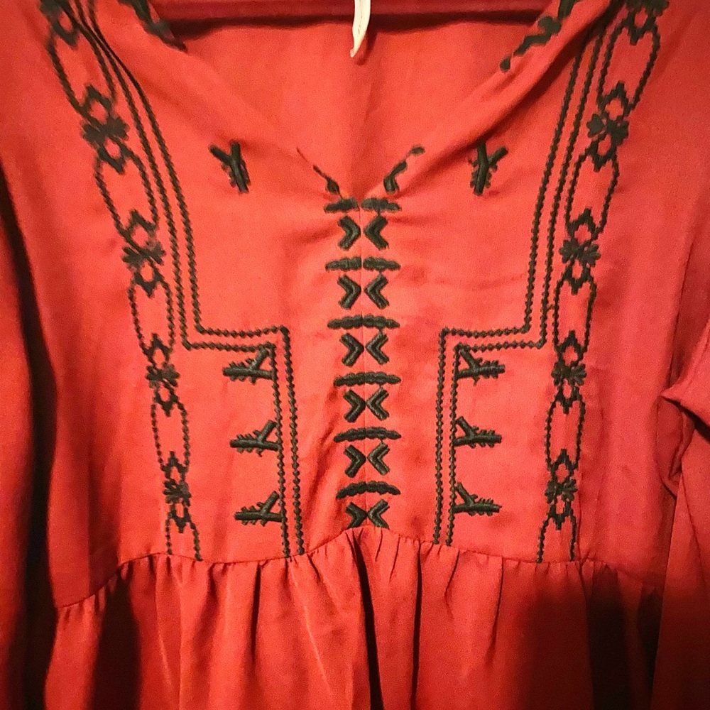Embroidered Boho Red Peasant Dress